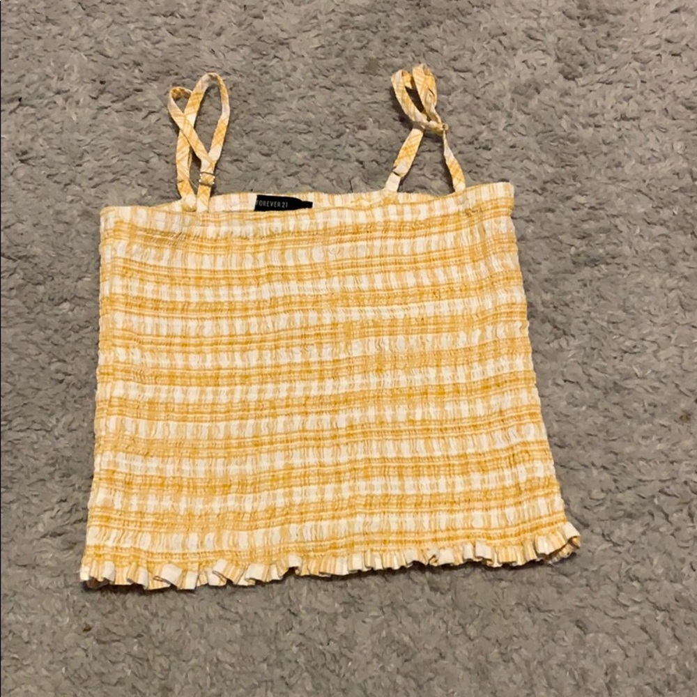 Yellow and white ruffle ended tube top w straps.
